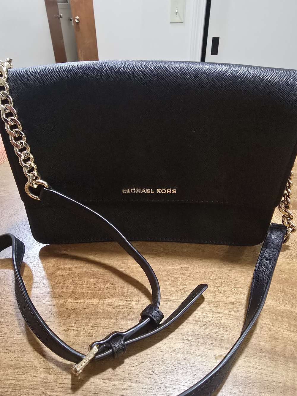 Michael Kors Black Saffiano Crossbody with Gold Chain Detail